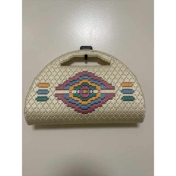 VTG Needlepoint Purse Tote Bag Clutch Handle Southwest Geometric Design Handmade - Picture 1 of 9